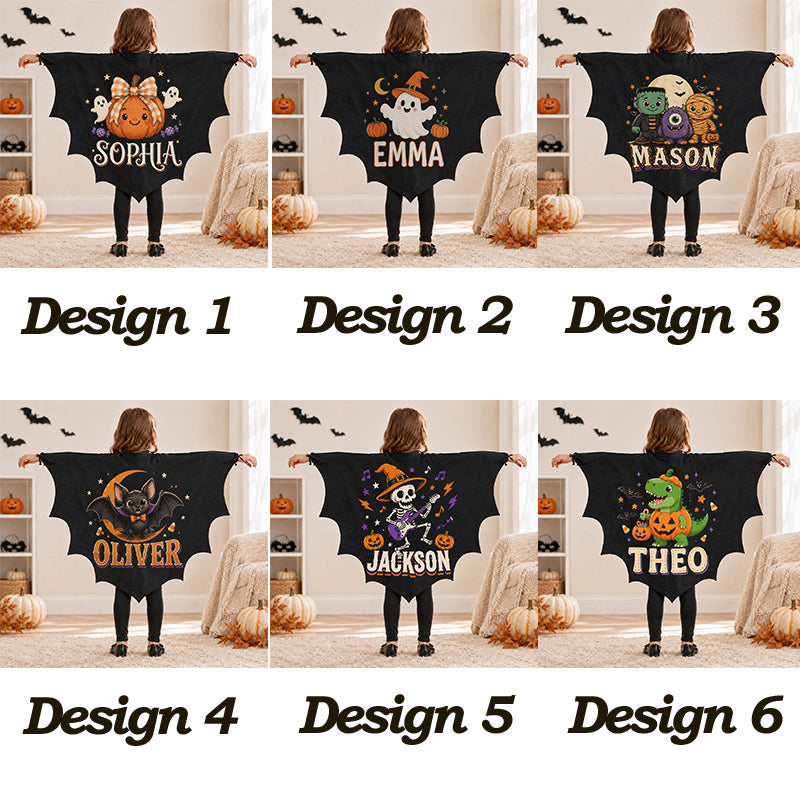Personalized Kids Bat Cape, Custom Name Halloween Costume, Black Vampire Wings