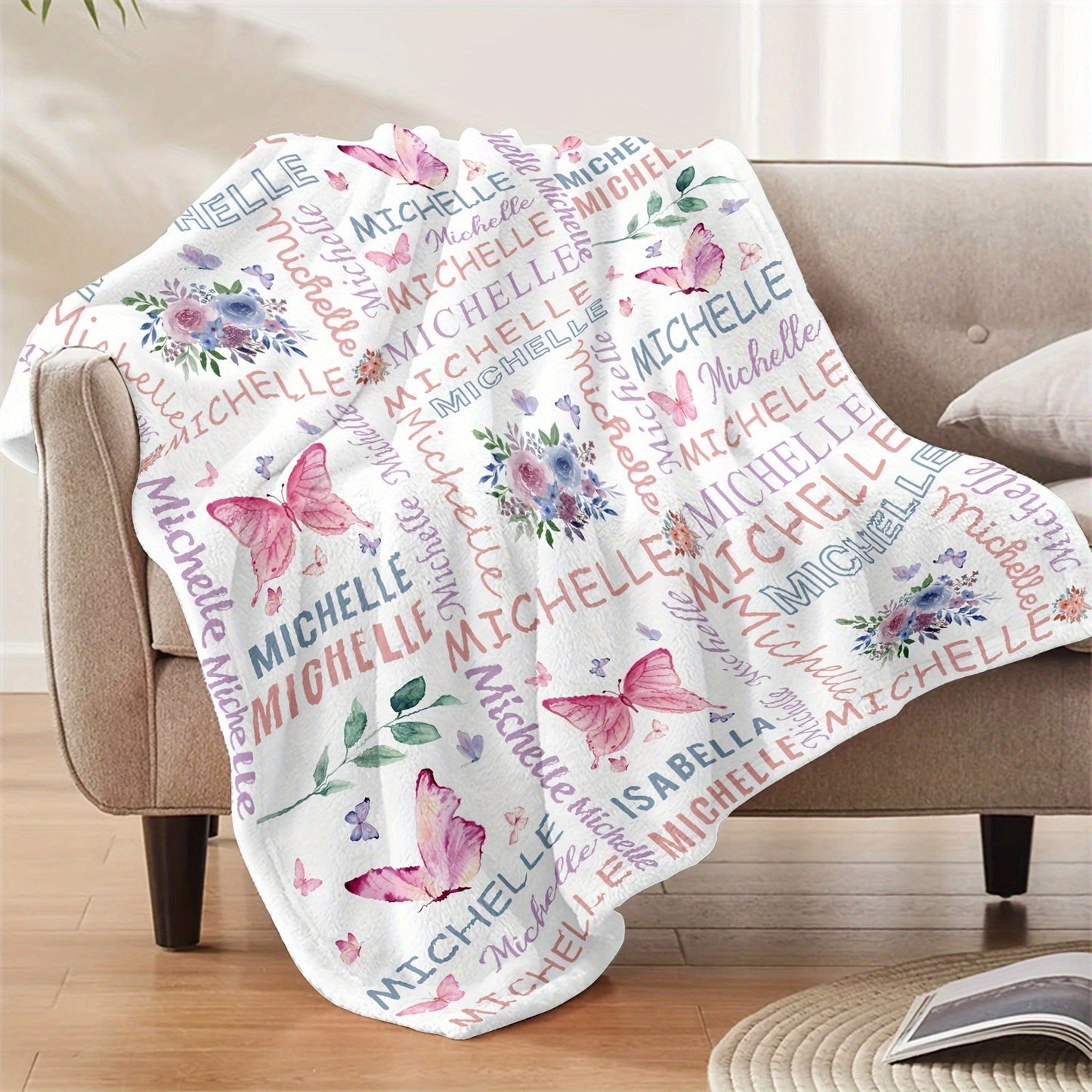Customized Flannel Blankets with Names, Flower Butterfly Patterned Blankets