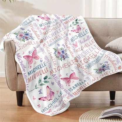 Customized Flannel Blankets with Names, Flower Butterfly Patterned Blankets