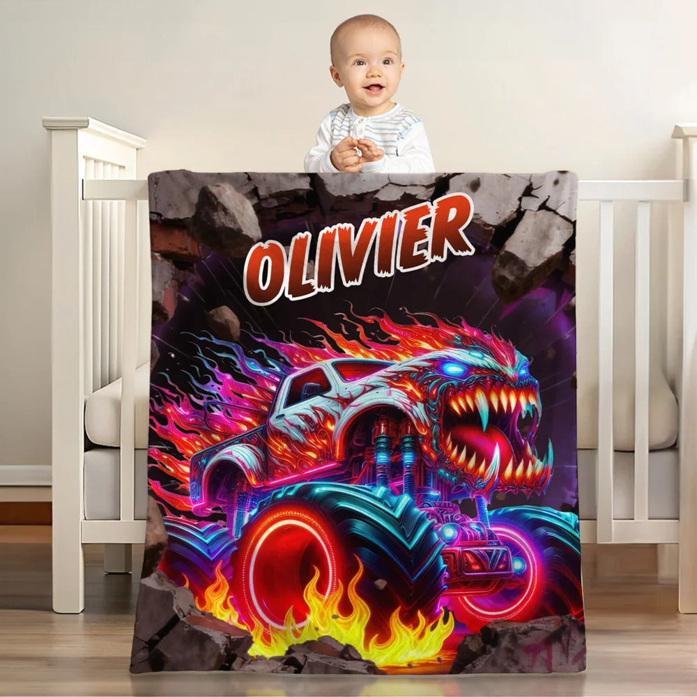 Personalized Monster Neon Truck Throw Blanket