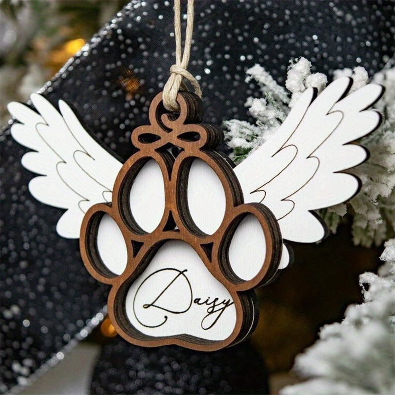 Angel Wings Dog Paw Memorial Pendant - 3D Carved Paw Print with Name