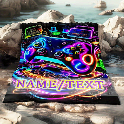 Customizable Gamer's Flannel Blanket with Vibrant Neon Gamepad Design