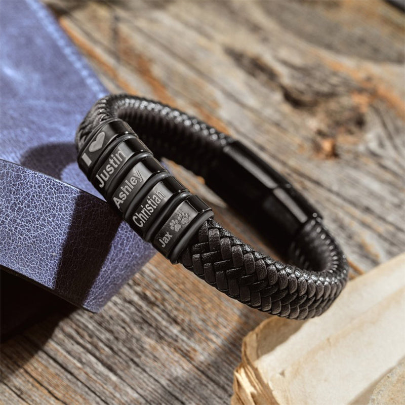 Personalized Mens Bracelet, Handmade Leather Beaded Jewelry with Kids Names