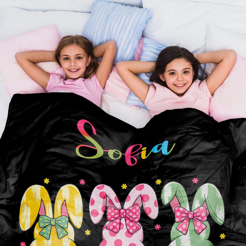 Personalized Easter Bunny Blanket, Custom Kids Name Blanket