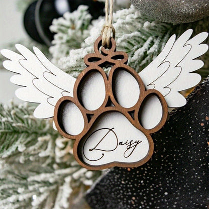 Angel Wings Dog Paw Memorial Pendant - 3D Carved Paw Print with Name
