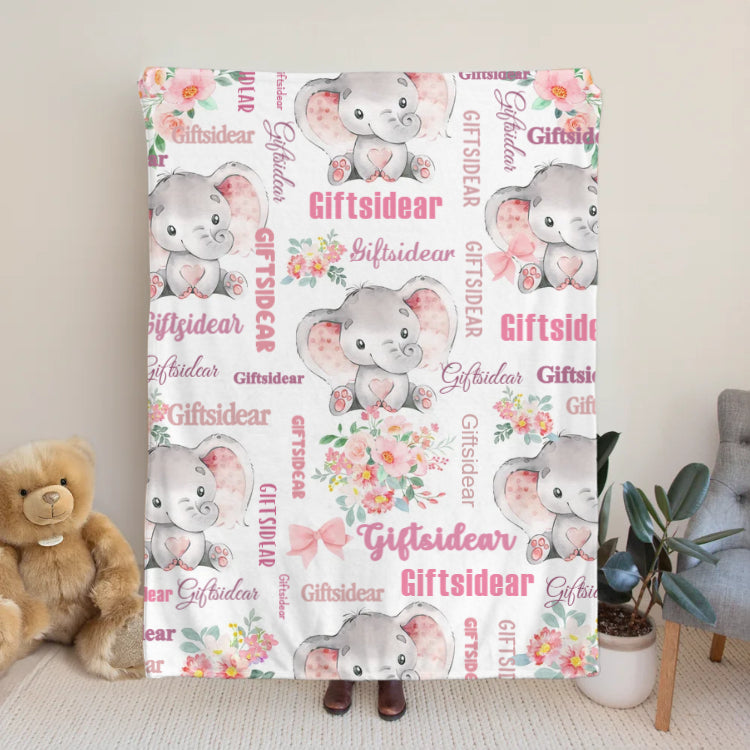 Personalized Cute Pink Blue Floral Elephant Blanket