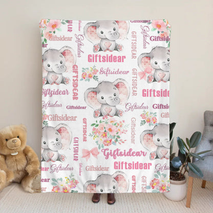 Personalized Cute Pink Blue Floral Elephant Blanket