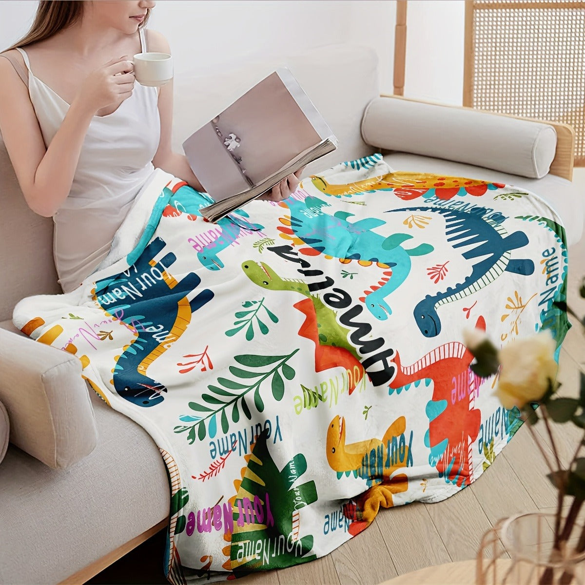 Text Custom Dinosaur Jurassic Cartoon Plant  Custom Name Personalized Blanket
