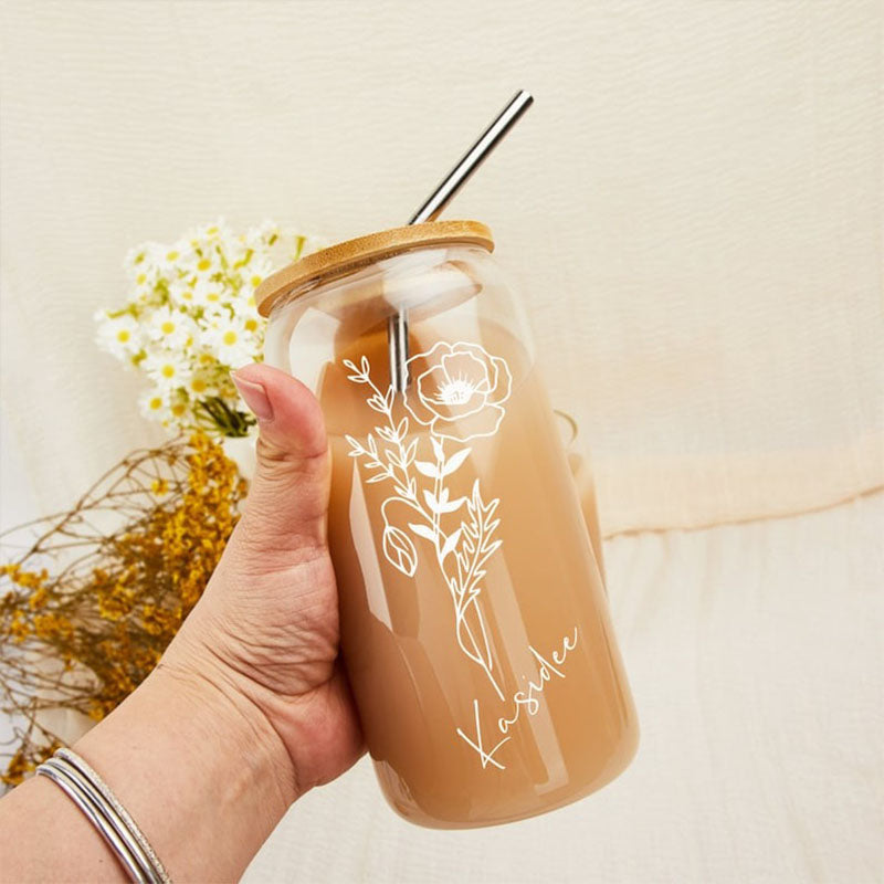 Custom Name Cup With Birth Flower,Birth Month Iced Coffee Cup
