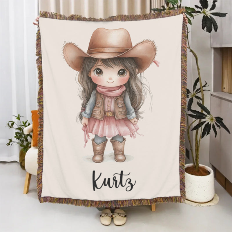 Personalized Cartoon Cowboy Tassel Blanket with Name