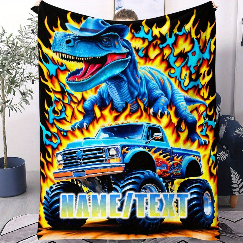 Customizable Dinosaur & Monster Truck Flannel Blanket