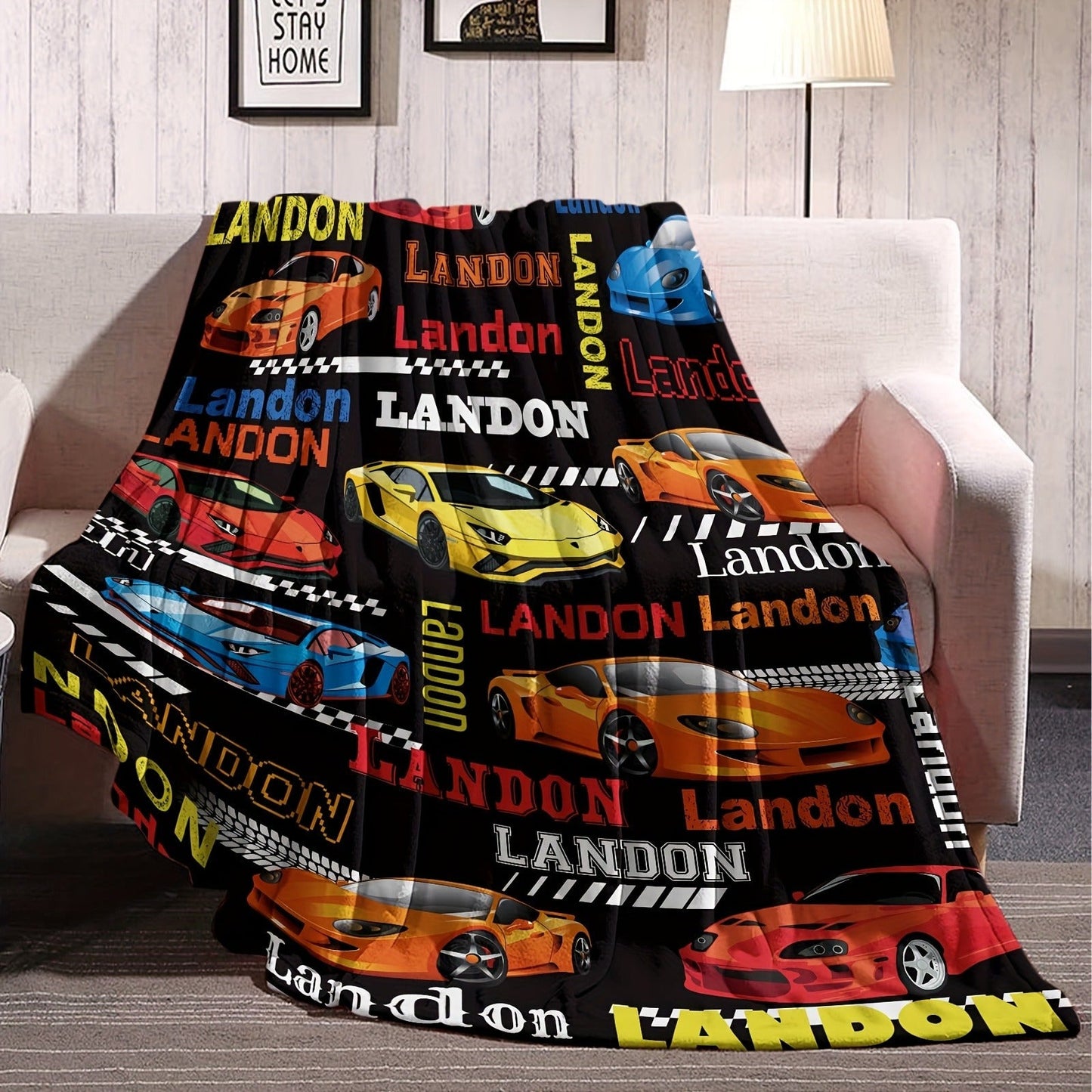 Customizable Landon Cartoon Sports Car Flannel Blanket