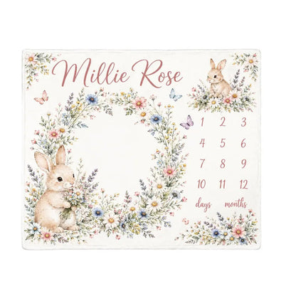 Personalized Bunny Floral Milestone Blanket, Customized Baby Month Flowers Blanket