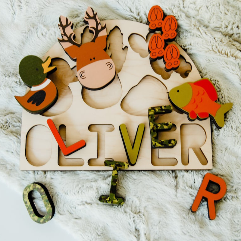 Sportsman name puzzle with deer, mallard duck and fish for kids