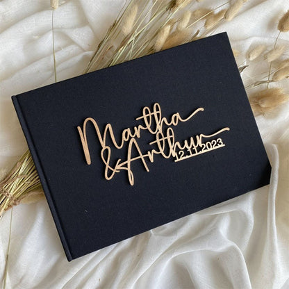 Personalised Linen Cover Wedding Guest Book With Wooden Text