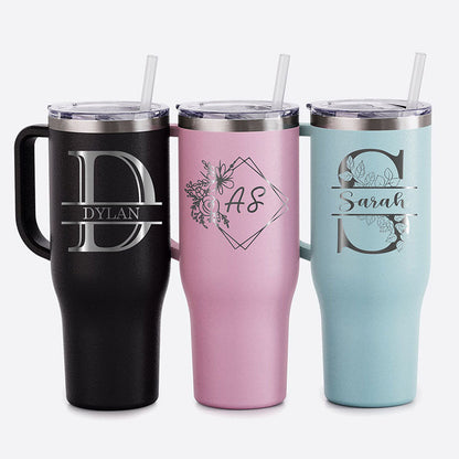 Personalized 40oz Tumbler With Handle, Lid and Straw, Stainless Steel Engraved Tumbler
