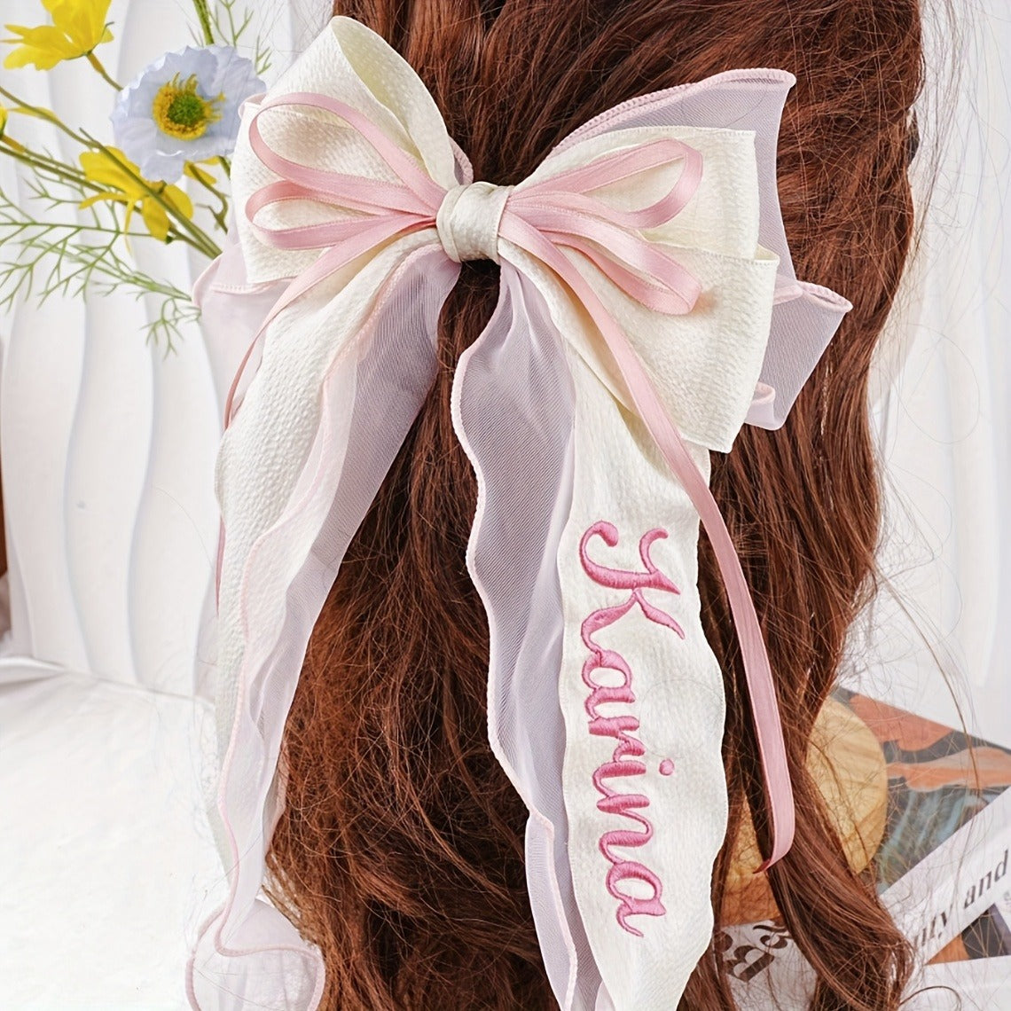 Customizable Pink Bow Hair Clip for - Personalized Name Embroidery