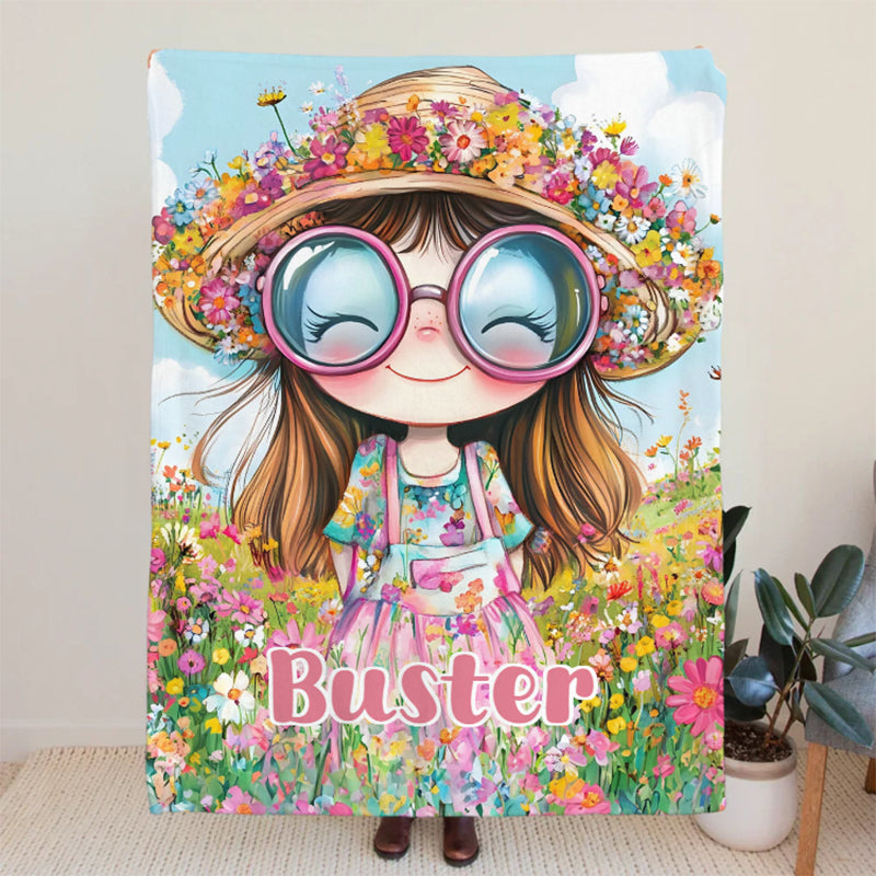 Personalized Cartoon Quirky Flower Girl Throw Blanket with Name