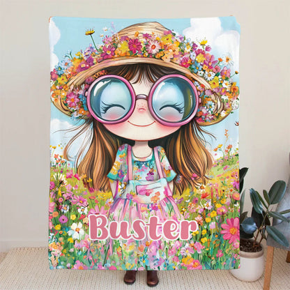 Personalized Cartoon Quirky Flower Girl Throw Blanket with Name