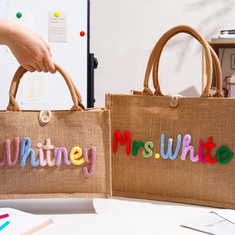 Personalized Burlap Teacher Tote Bag,Custom Crochet Name Tote Bag