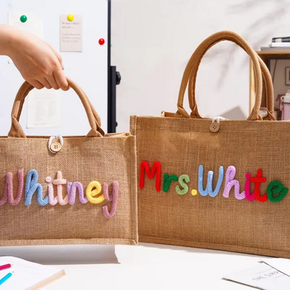 Personalized Burlap Teacher Tote Bag,Custom Crochet Name Tote Bag