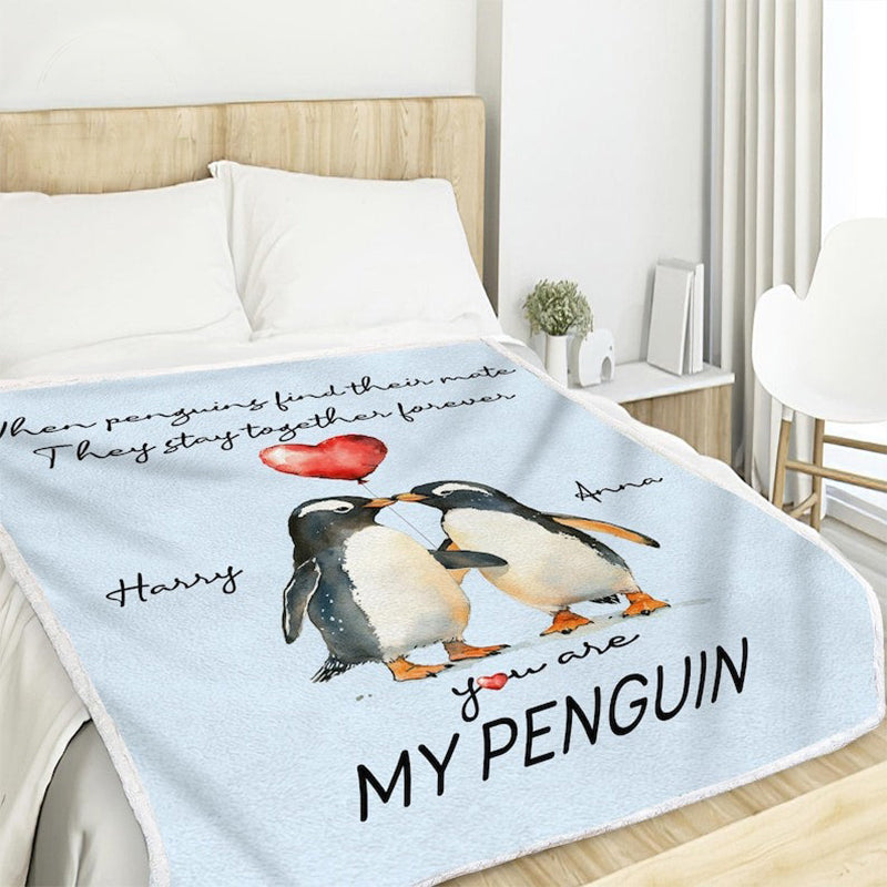 Personalized Valentine Couple Penguin Throw Blanket