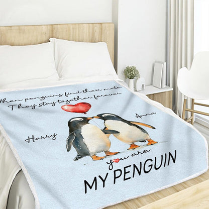 Personalized Valentine Couple Penguin Throw Blanket