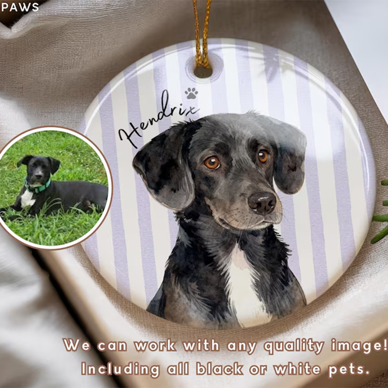 Personalized Pet Memorial Watercolor Ornament from Photo + Name