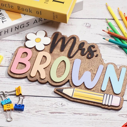 Custom 3D Teacher Door Sign, Personalised Name with Pencil Teacher Sign