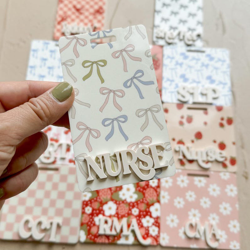 Pink bow badge buddy cute pattern for xray, lab, teacher, nurse