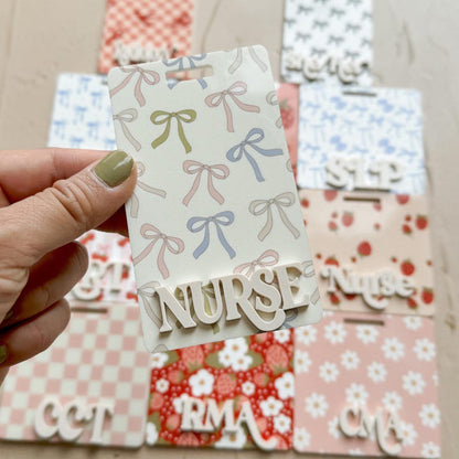 Pink bow badge buddy cute pattern for xray, lab, teacher, nurse