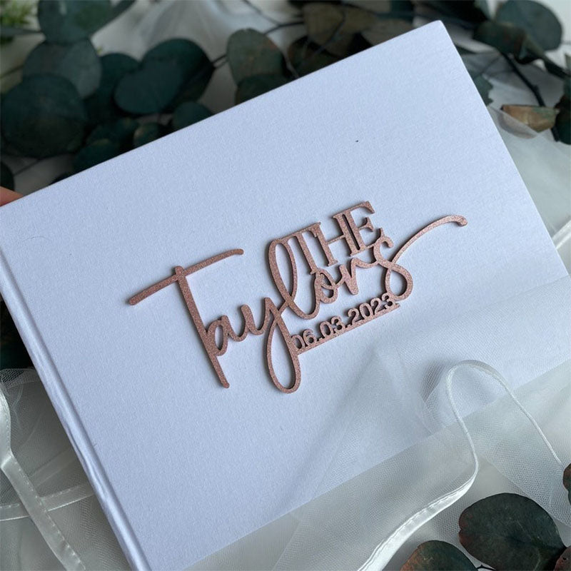 Personalised Linen Cover Wedding Guest Book With Wooden Text