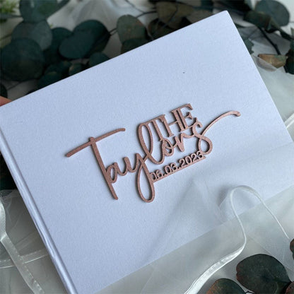 Personalised Linen Cover Wedding Guest Book With Wooden Text