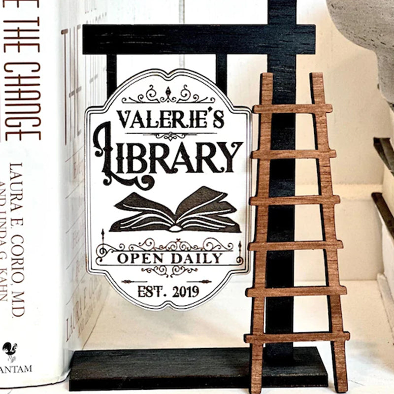 Personalized Library Sign, Mini wooden Signpost with ladder Library Decor