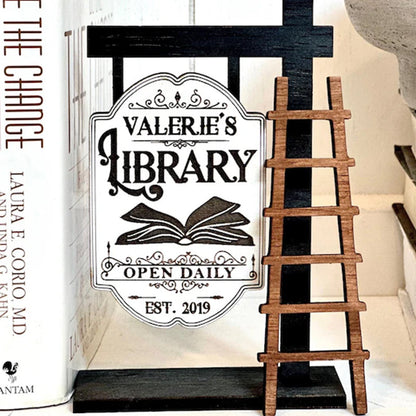Personalized Library Sign, Mini wooden Signpost with ladder Library Decor