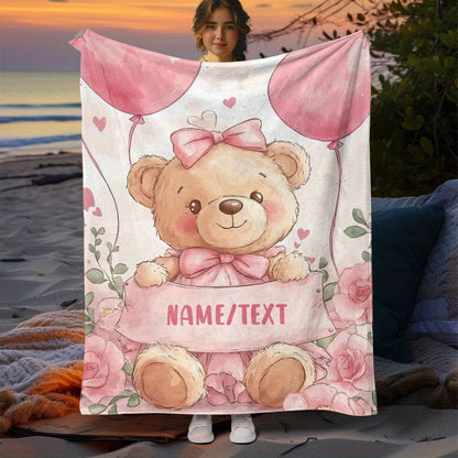 Custom Blankets Cute Pink Teddy Bear with Personalized Name