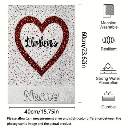 2pcs Personalized Red & White Glitter Heart-Shaped Towels with Custom Name
