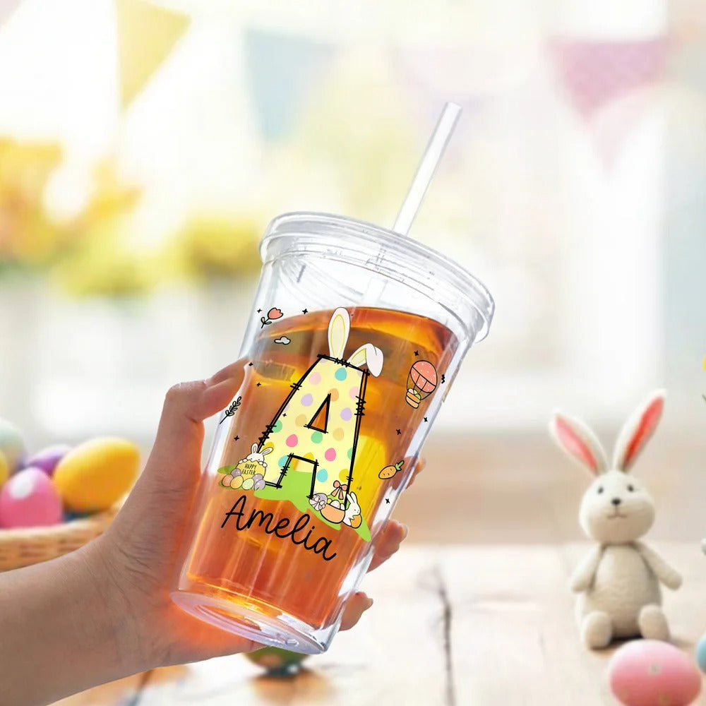 Personalized Cute Bunny 16 oz Easter Straw Water Bottle with Nam