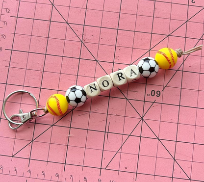 Personalized Sports Keychain / Beaded Name Keyring with Baseball, Soccer, Basketball