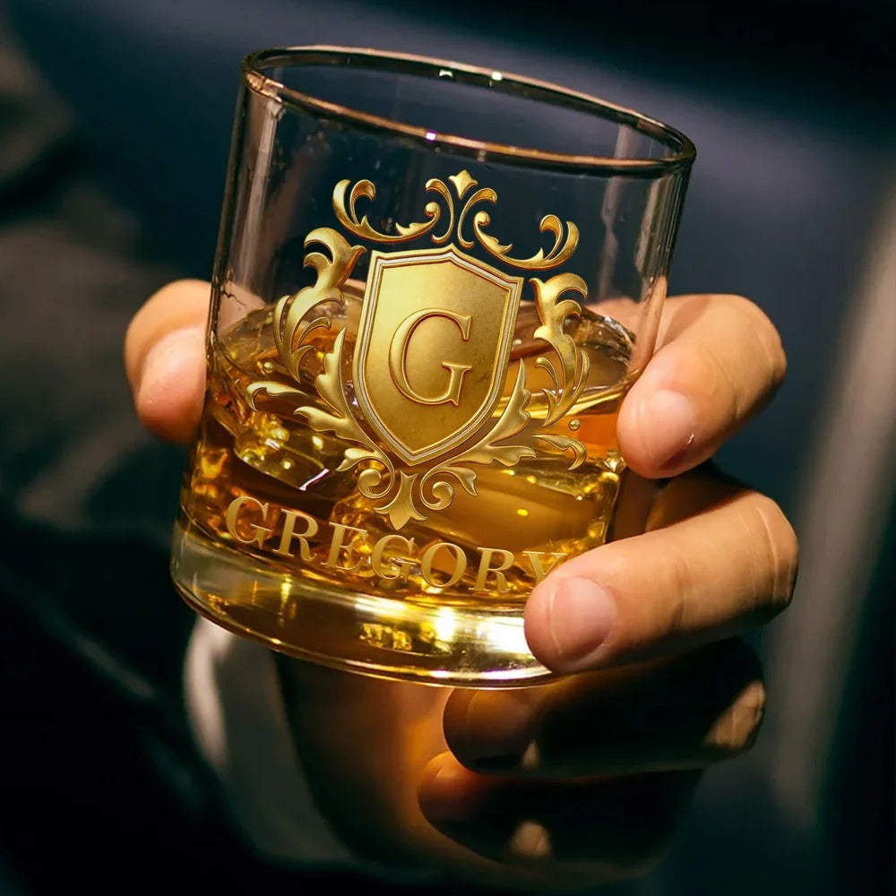 Personalized Golden Shield Initial Name Rock Whiskey Glass