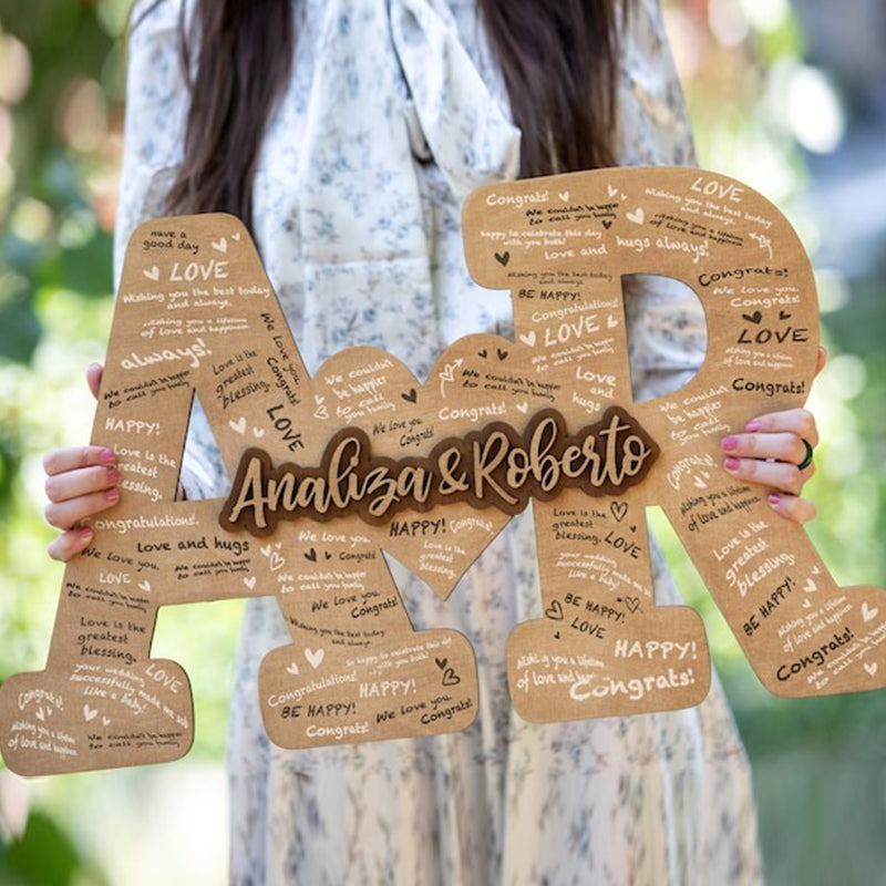Custom Guest Book Wedding Couple Names Sign, Engraved Wood Letters