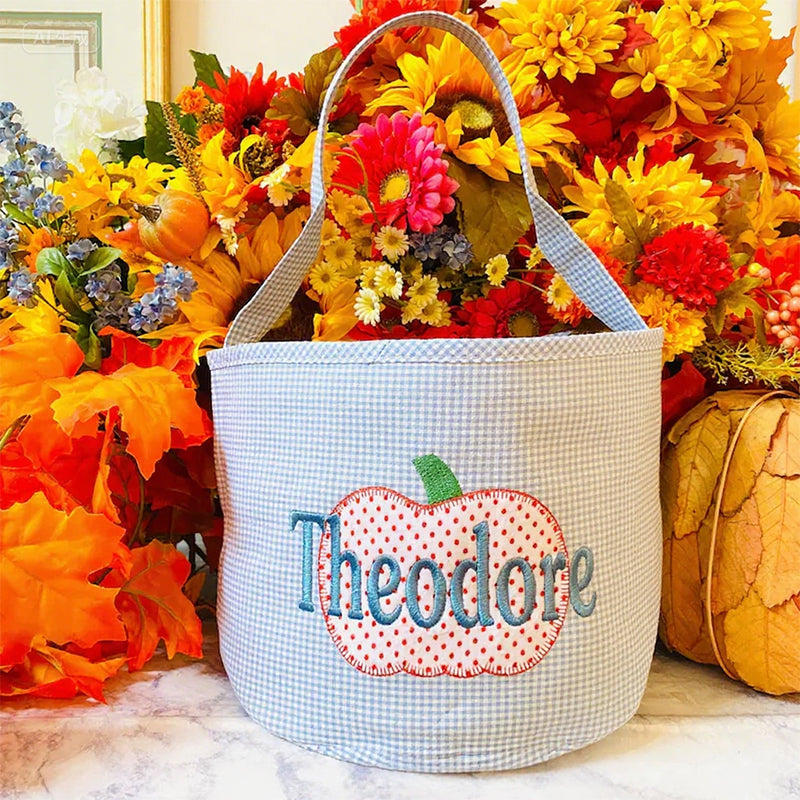 Halloween Bucket Pink/Blue Gingham w/Pumpkin Personalized | Halloween Basket