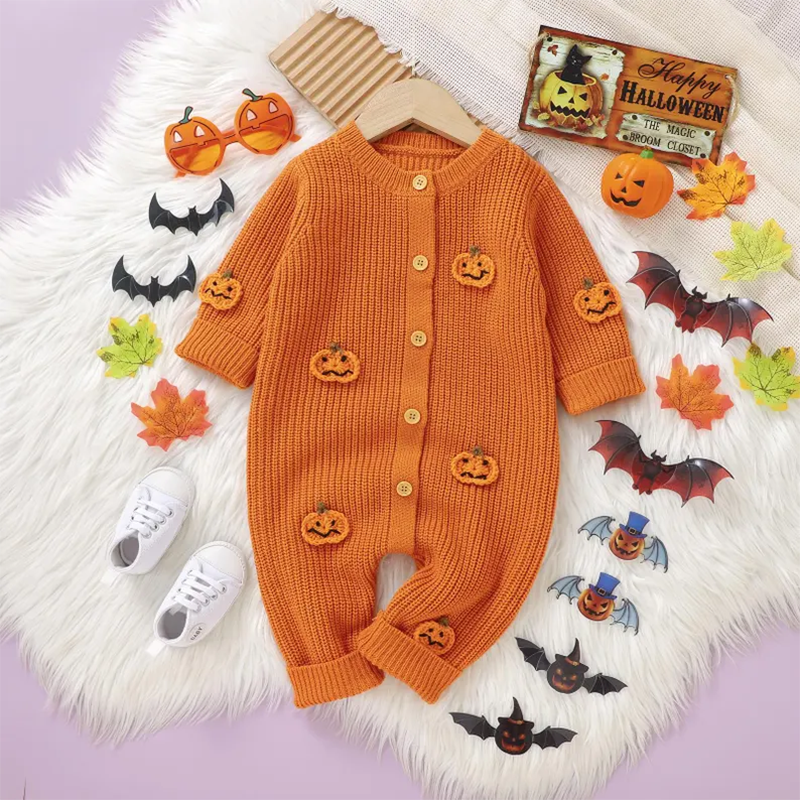 Custom Name Back Baby Halloween Romper, 3D Pumpkin Knit Jumpsuit