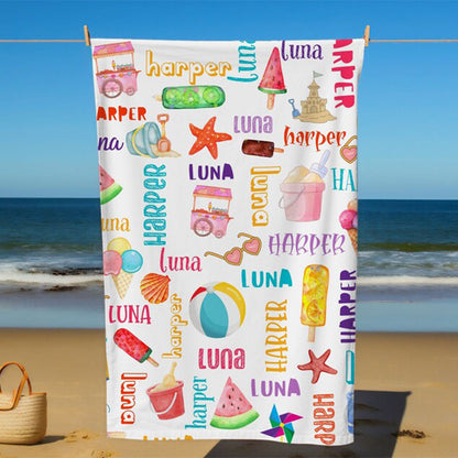 Personalized Ice Cream Beach Towel for Kids, Custom Gift for Summer Baby