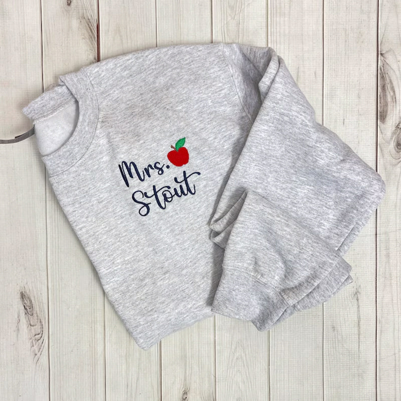 Personalized Teacher Crewneck Sweatshirt | Teacher Name and Apple Zip Popover