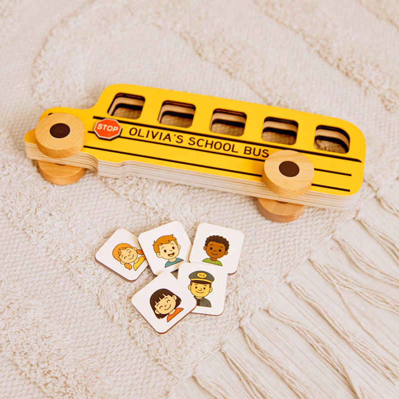 Toy Yellow School Bus with Name. Personalized Wooden Bus