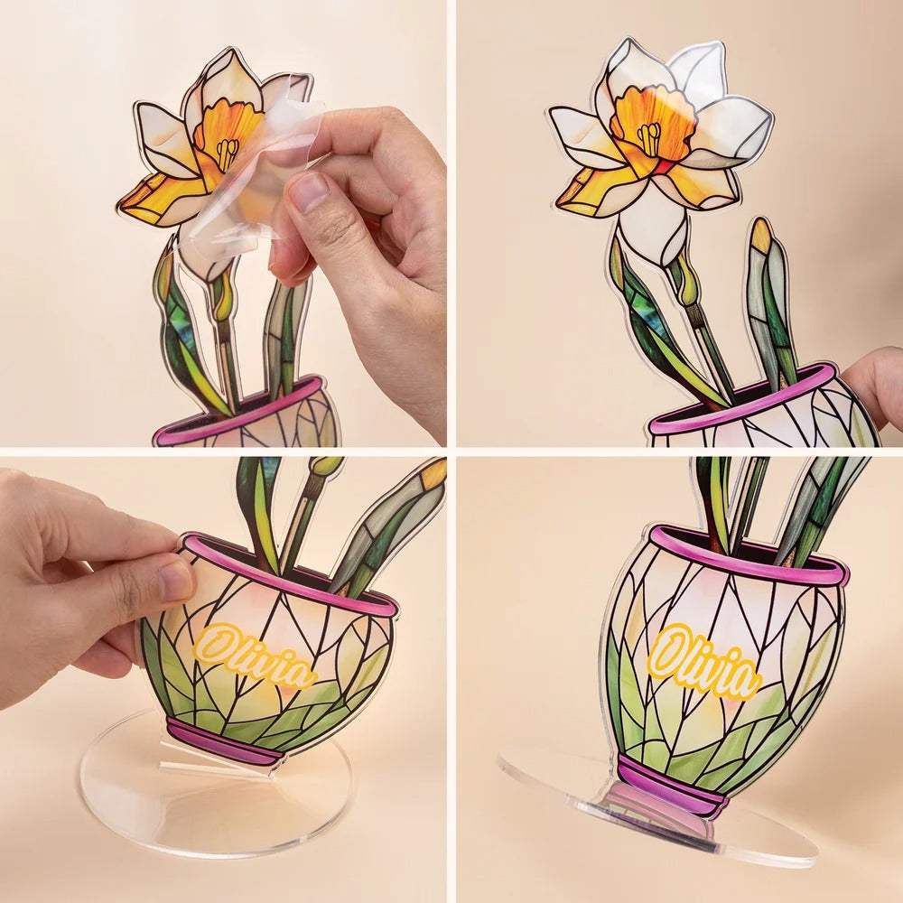 Personalized Faux Stained Glass Birth Flower Pot Acrylic Plaque