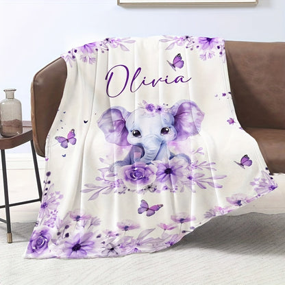 Personalized Purple Elephant Flannel Blanket with Custom Name