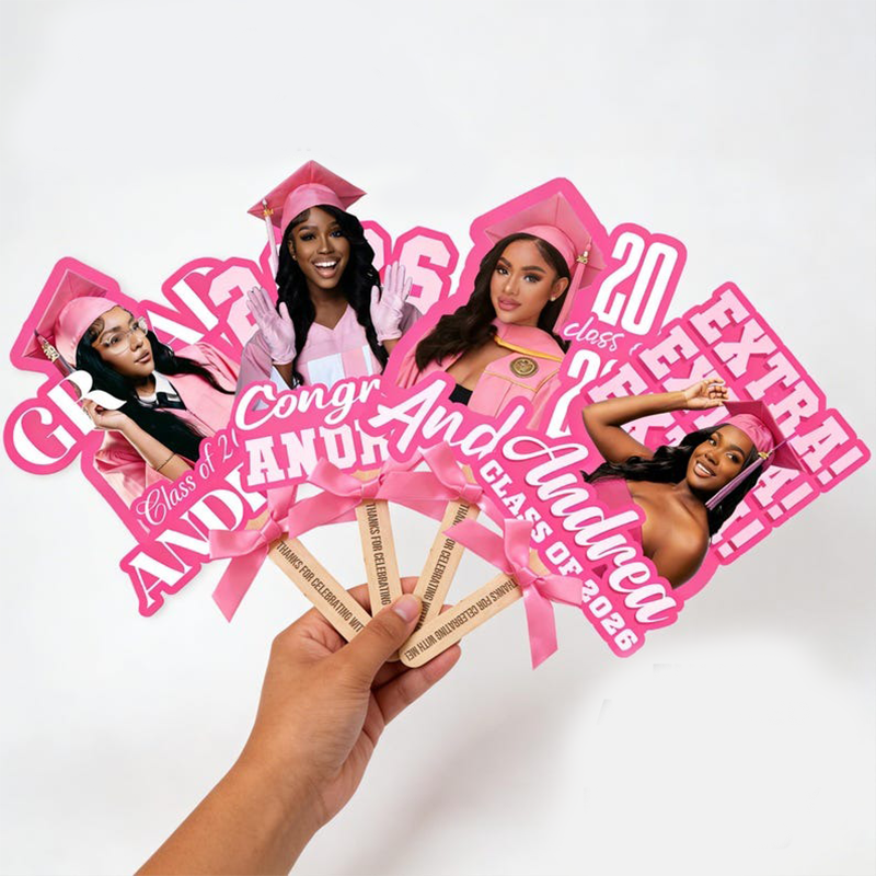 Custom Graduation Face Fan With Wooden Handle