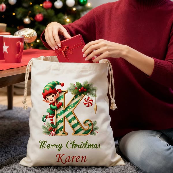 Custom Name Elf & Candy Cane Alphabet Christmas Gift Bag